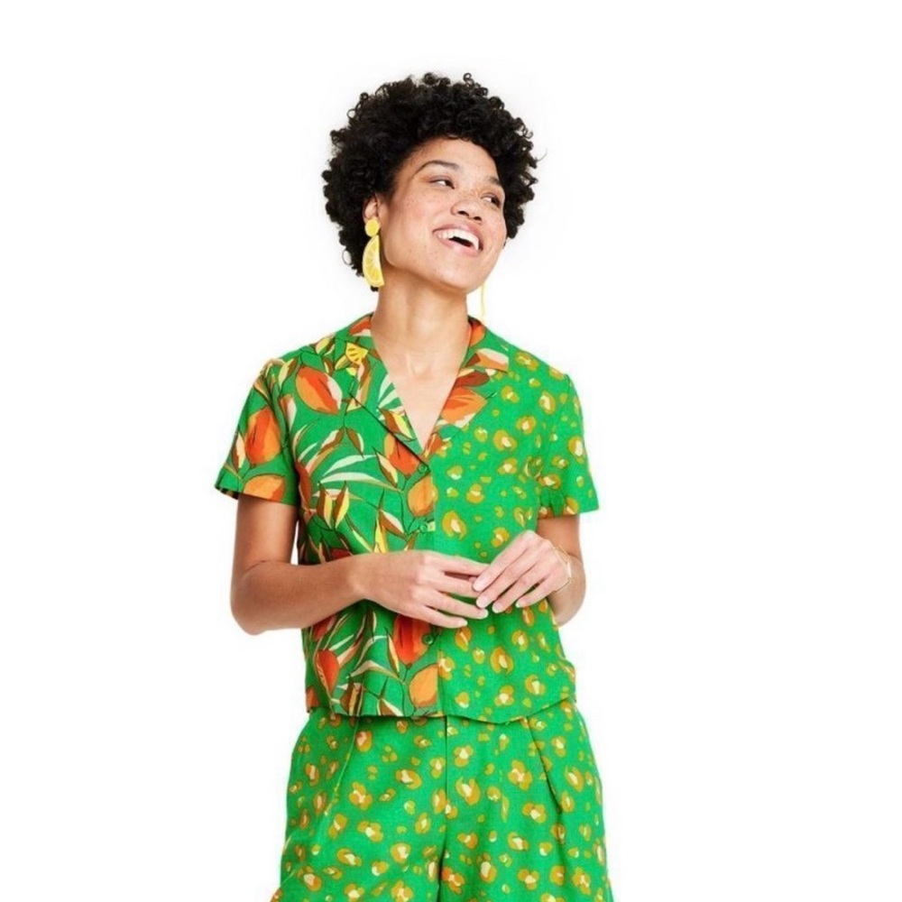 Linen set- citrus fruit and leopard shorts and camp collar shirt.